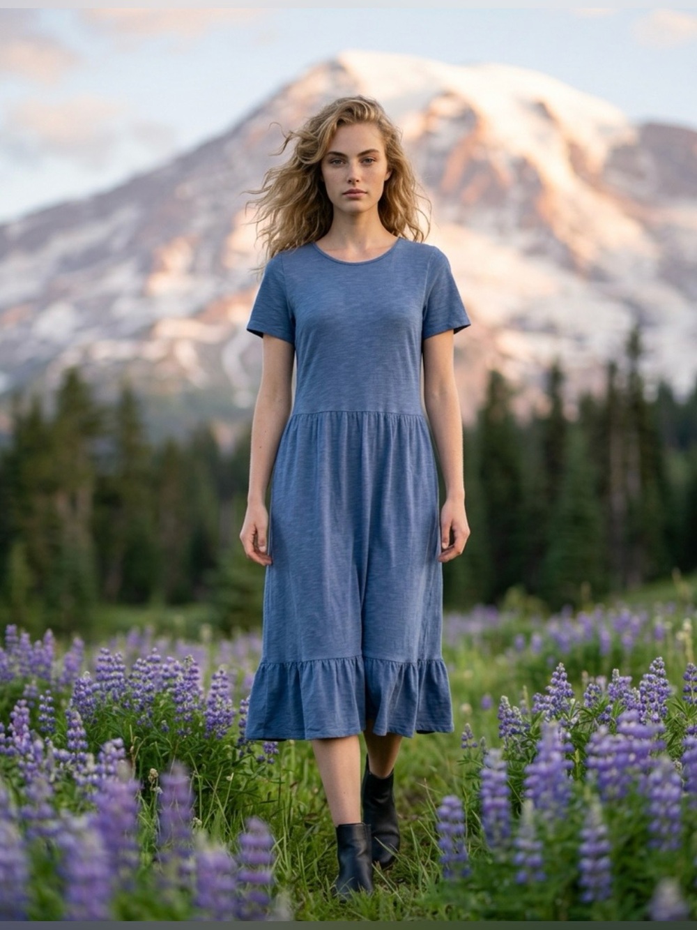 $10 Add-on | Blue Short-Sleeve Midi Dress with Ruffled Hem - Picture 8 of 15